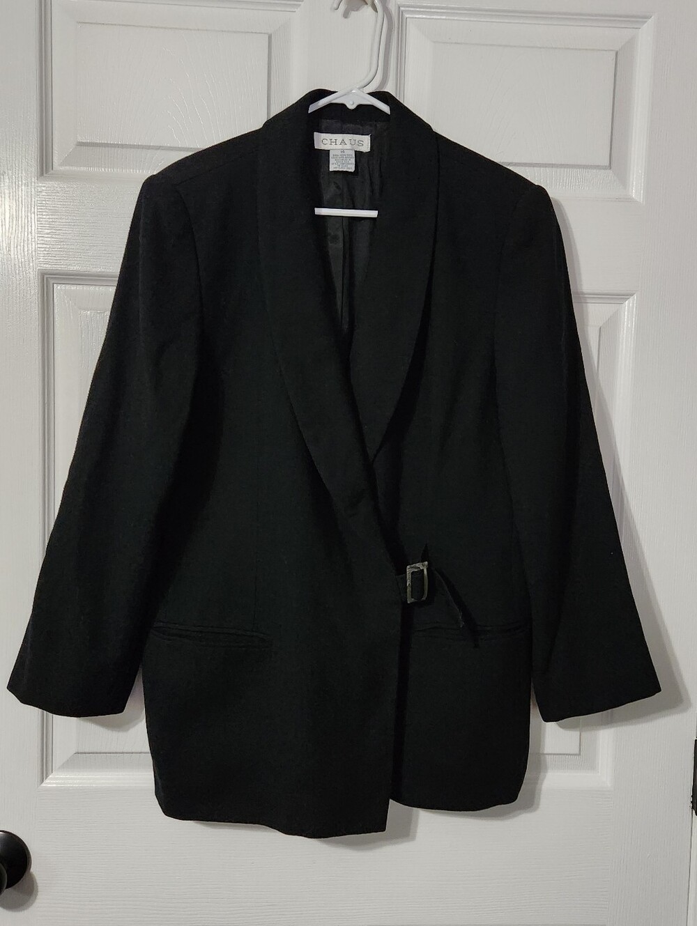 Chaus Vintage 100 Percent Wool Black Shawl-Collar Buckle Front Blazer, Size 14